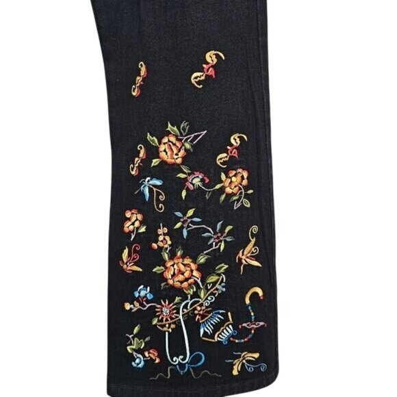 Vintage 90s Y2K Express Black Denim Bootcut Jeans 9/10 Floral Embroidered Boho - Picture 5 of 8